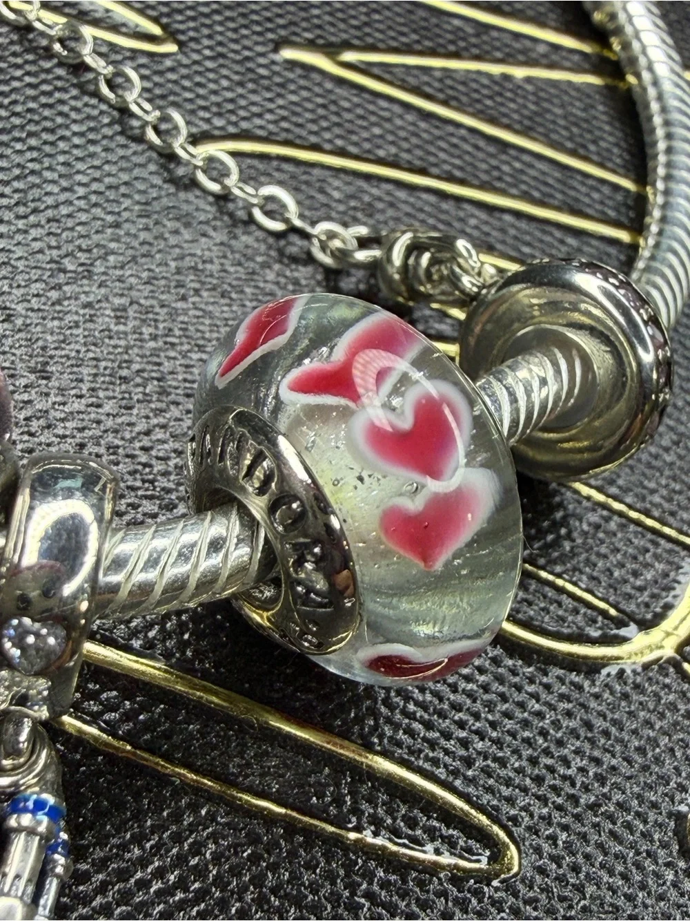 Pandora Silver Charm Bracelet with Pastel Glass and Castle Dangle